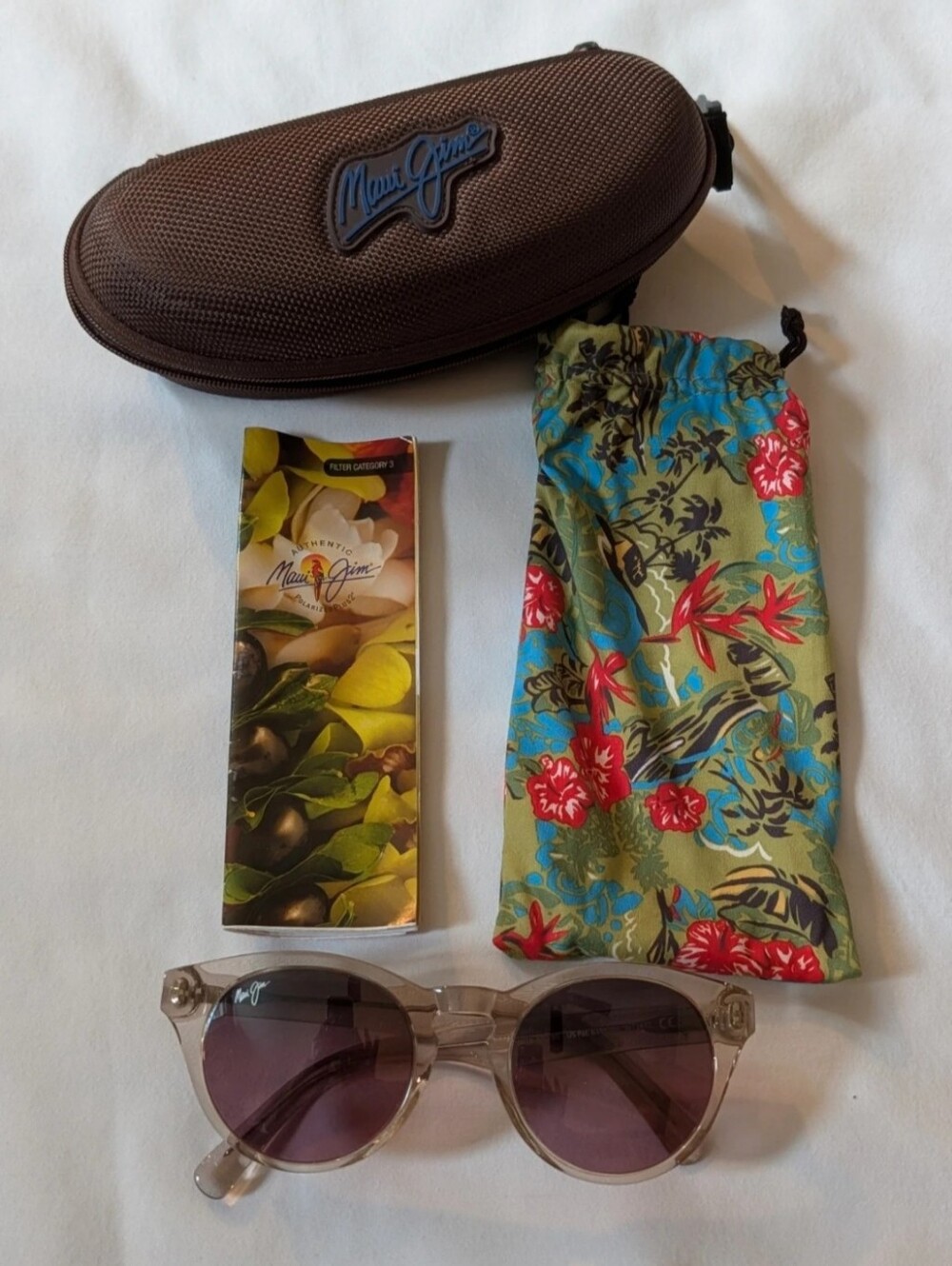 Maui Jim Clear Frame Sunglasses with Rose Tinted Lenses and Brown Case